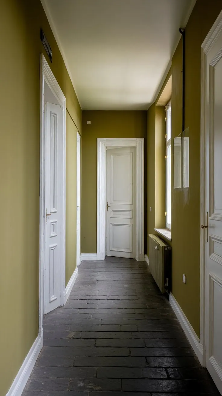 This painted hallway, a study in dark green hallway elegance, showcases the transformative power of a single color hallway. The olive green hallway walls, paired with dark grey flooring and white doors, create a sophisticated and calming monochrome hallway, effortlessly stylish.
