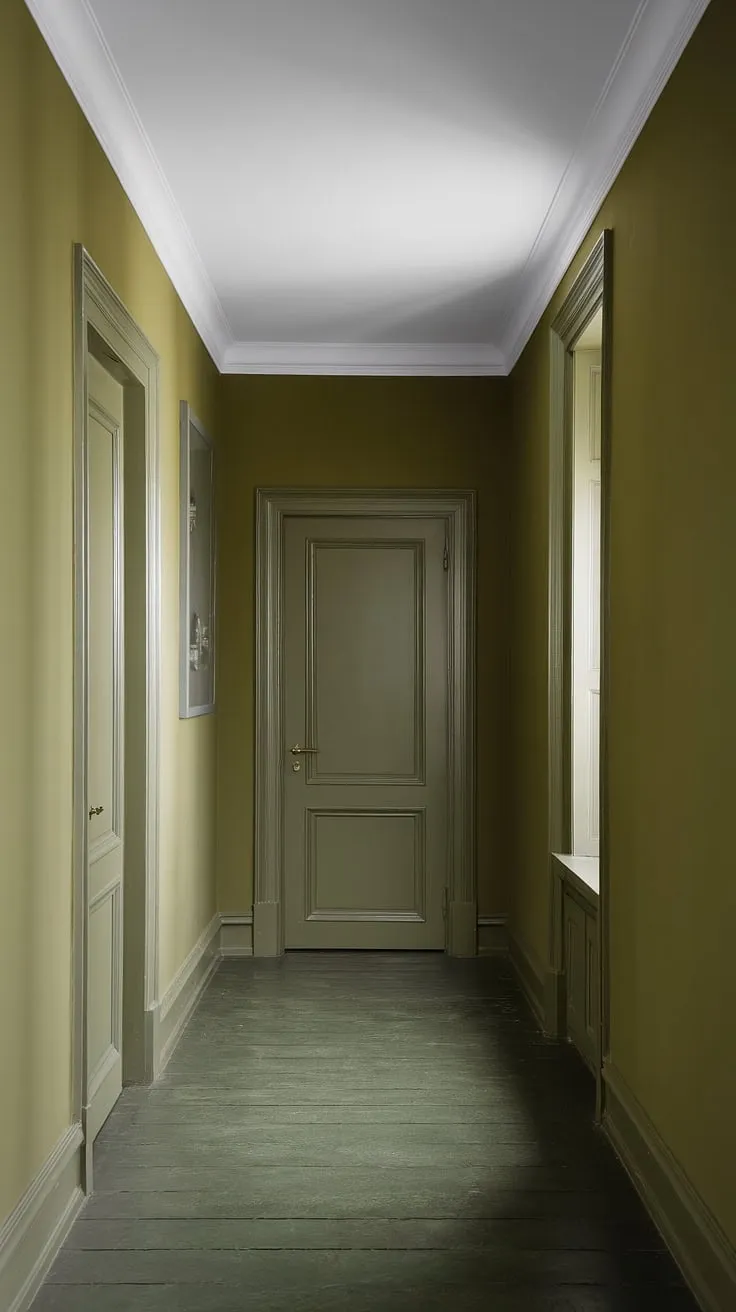 The olive green hallway, a study in monochrome elegance.  The deep green hallway paint and dark green hallway tiles create a sophisticated one color hallway, with the hallway accent color perfectly complementing the natural light streaming in.
