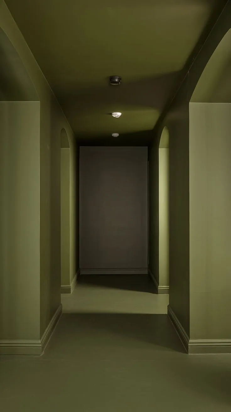 Lost in the depths of this olive green hallway, a monochrome hallway where the walls, floor, and ceiling melt into a single, immersive shade of green hallway paint. The dark green hallway's hallway accent color creates an atmosphere both mysterious and captivating.