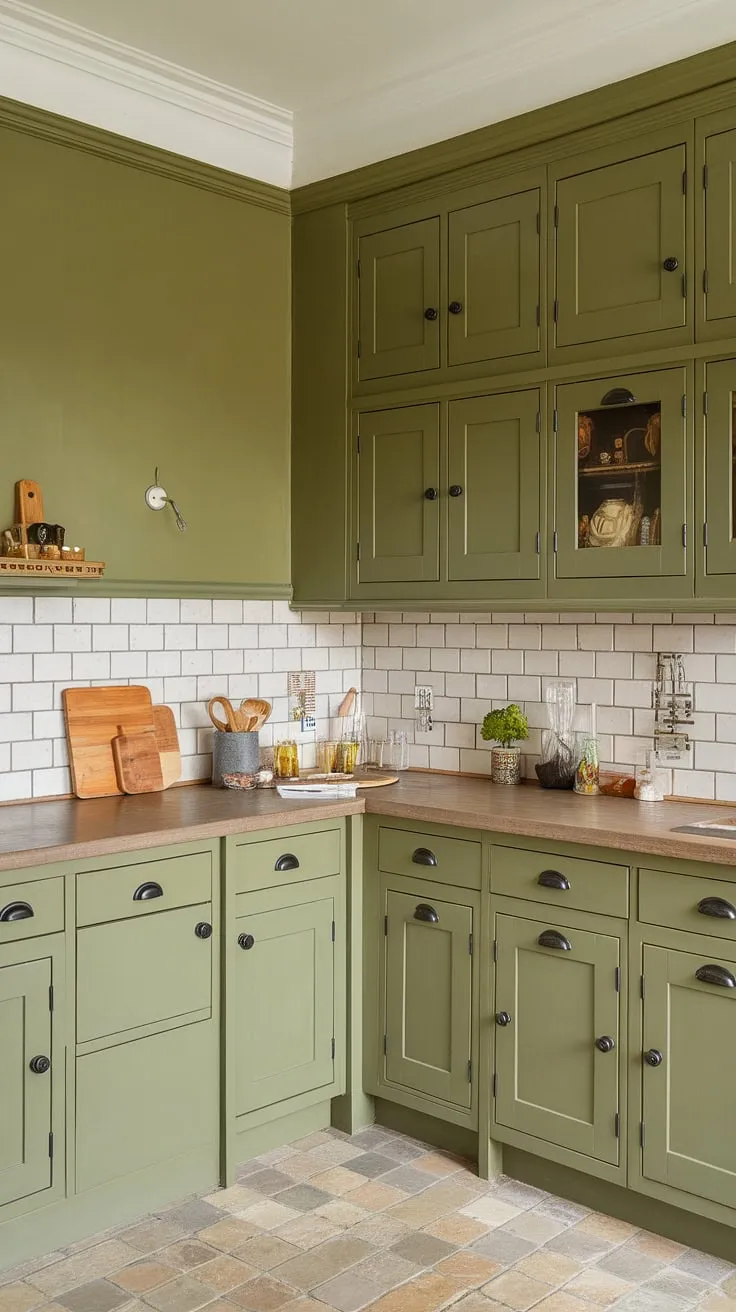 This spacious l-shaped olive green kitchen features stylish green cabinets with black hardware, a stone countertop, and a chic subway tile backsplash.