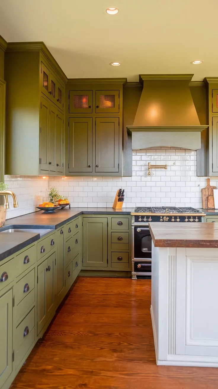 This L-shaped olive green kitchen features stylish green cabinets with black hardware, a stone countertop, and a white subway tile backsplash, creating a spacious and inviting atmosphere.