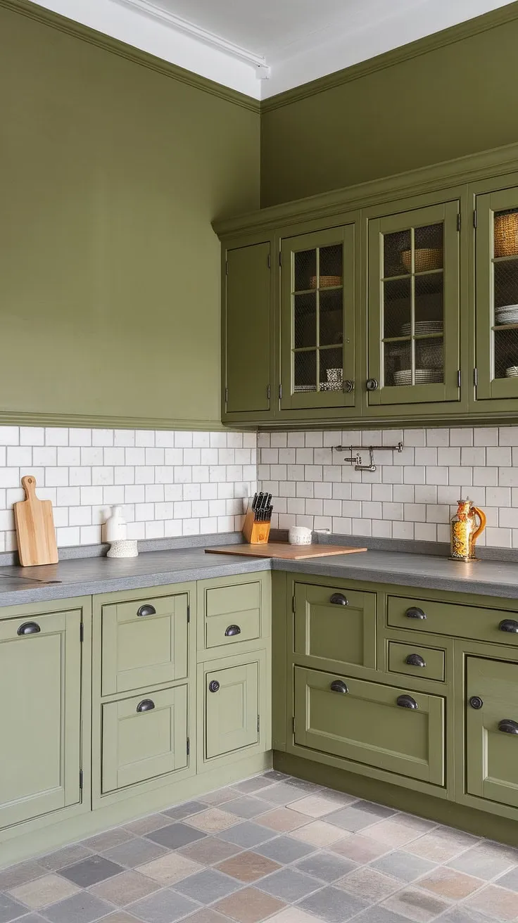 An olive green kitchen featuring l-shaped cabinets with black hardware, a stone countertop, and subway tiles creates a spacious and stylish atmosphere.