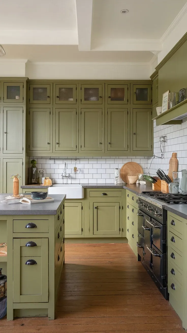 This L-shaped olive green kitchen features stylish green cabinets with black hardware, complemented by a stone countertop and white subway tiles, creating a spacious and inviting atmosphere.