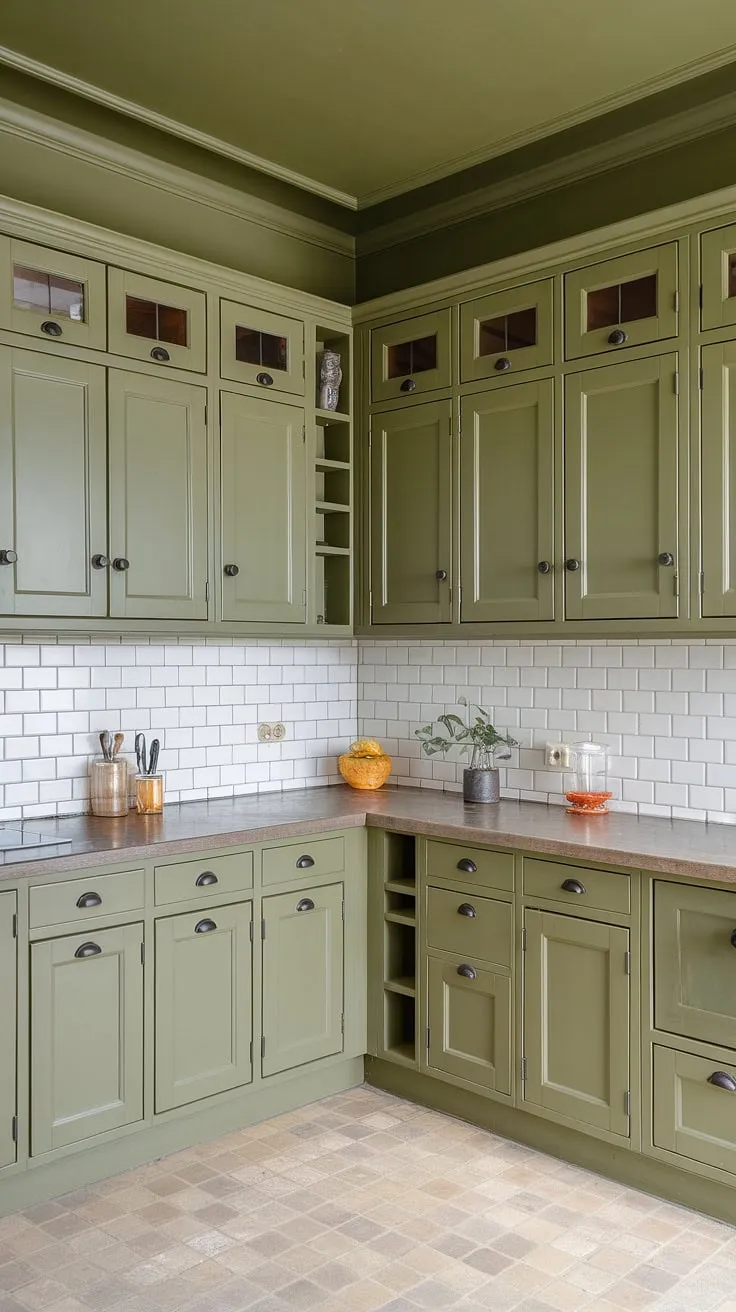An L-shaped olive green kitchen features ceiling-high cabinets with black hardware, a stone countertop, and a subway tile backsplash, creating a spacious and inviting atmosphere with its cohesive green walls.