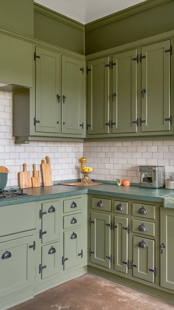 An L-shaped olive green kitchen features green cabinets with black hardware, green walls, a stone countertop, and a subway tile backsplash, creating a spacious and stylish atmosphere.