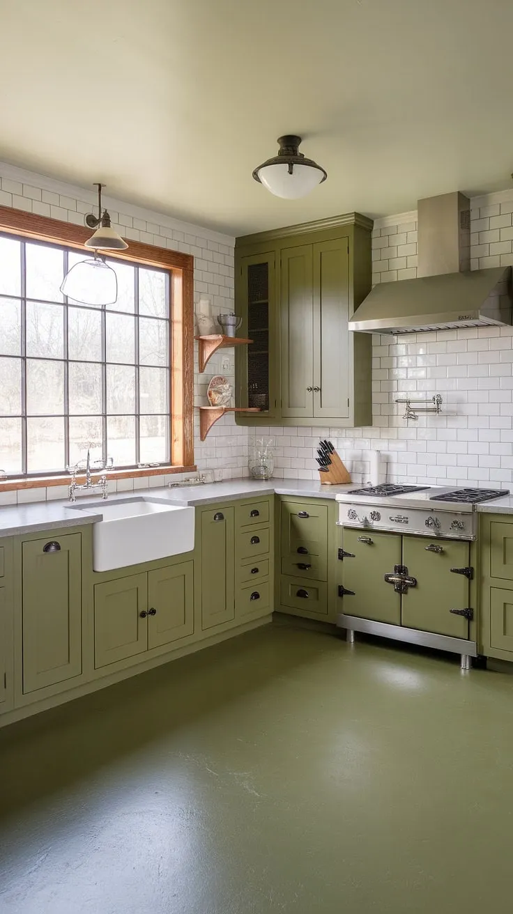 The olive green cabinets, complemented by a stone countertop and subway tile, enhance the spacious feel of this L-shaped kitchen, accented by black hardware and a warm green floor.