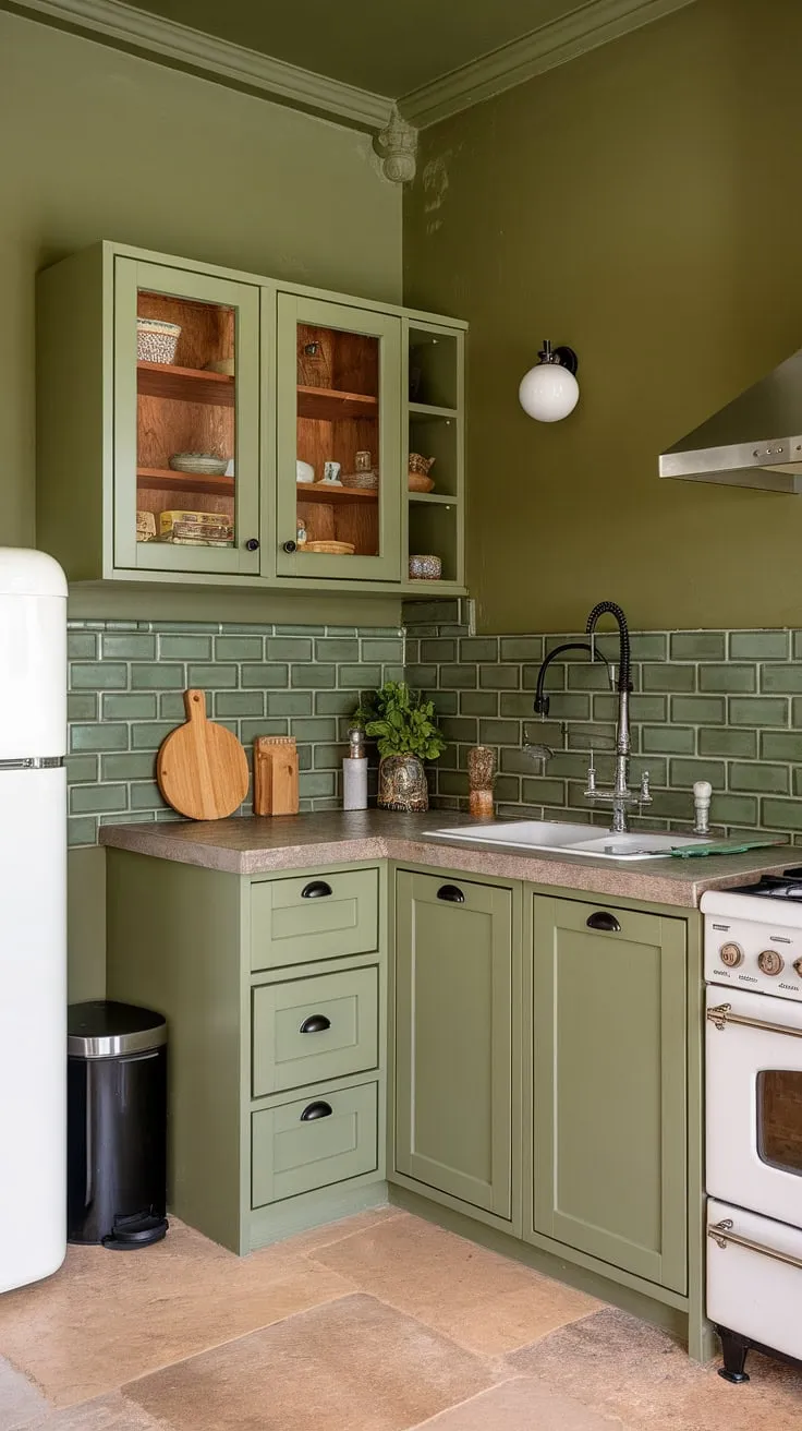 This L-shaped olive green kitchen features stylish olive green cabinets with black hardware, complemented by green subway tile and a stone countertop, creating a spacious and inviting atmosphere.