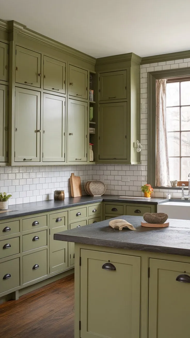 An L-shaped olive green kitchen features smooth green cabinets with black hardware, a white subway tile backsplash, and a stone countertop, creating a spacious and stylish atmosphere.