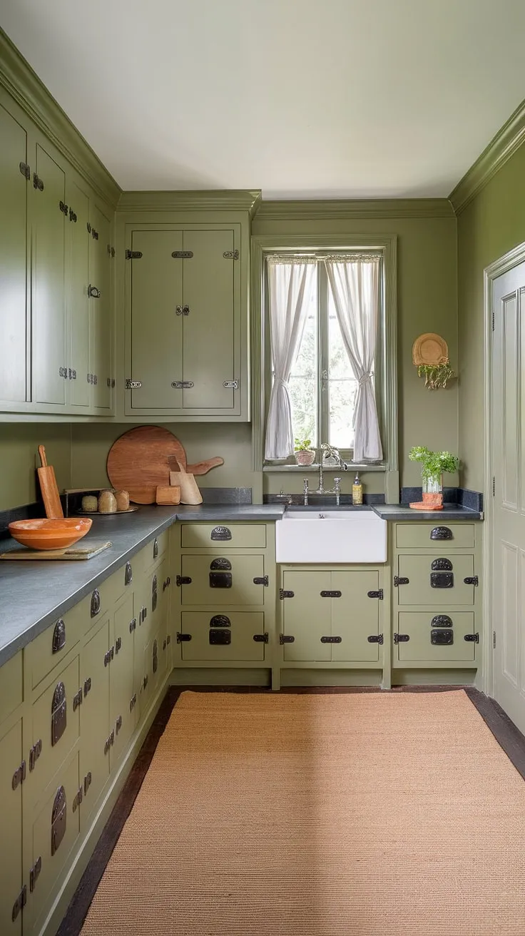 The well-lit kitchen showcases olive green cabinets, complemented by black hardware and stone countertops, enhancing the spacious feel with its eucalyptus green walls.