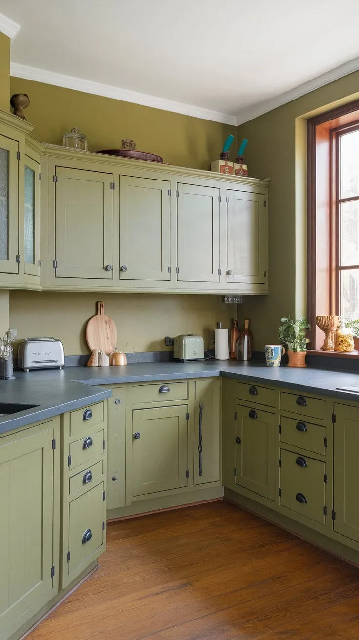 An L-shaped olive green kitchen features smooth green cabinets with black hardware against olive green walls, complemented by a stone countertop and wooden flooring, creating a spacious and inviting atmosphere.