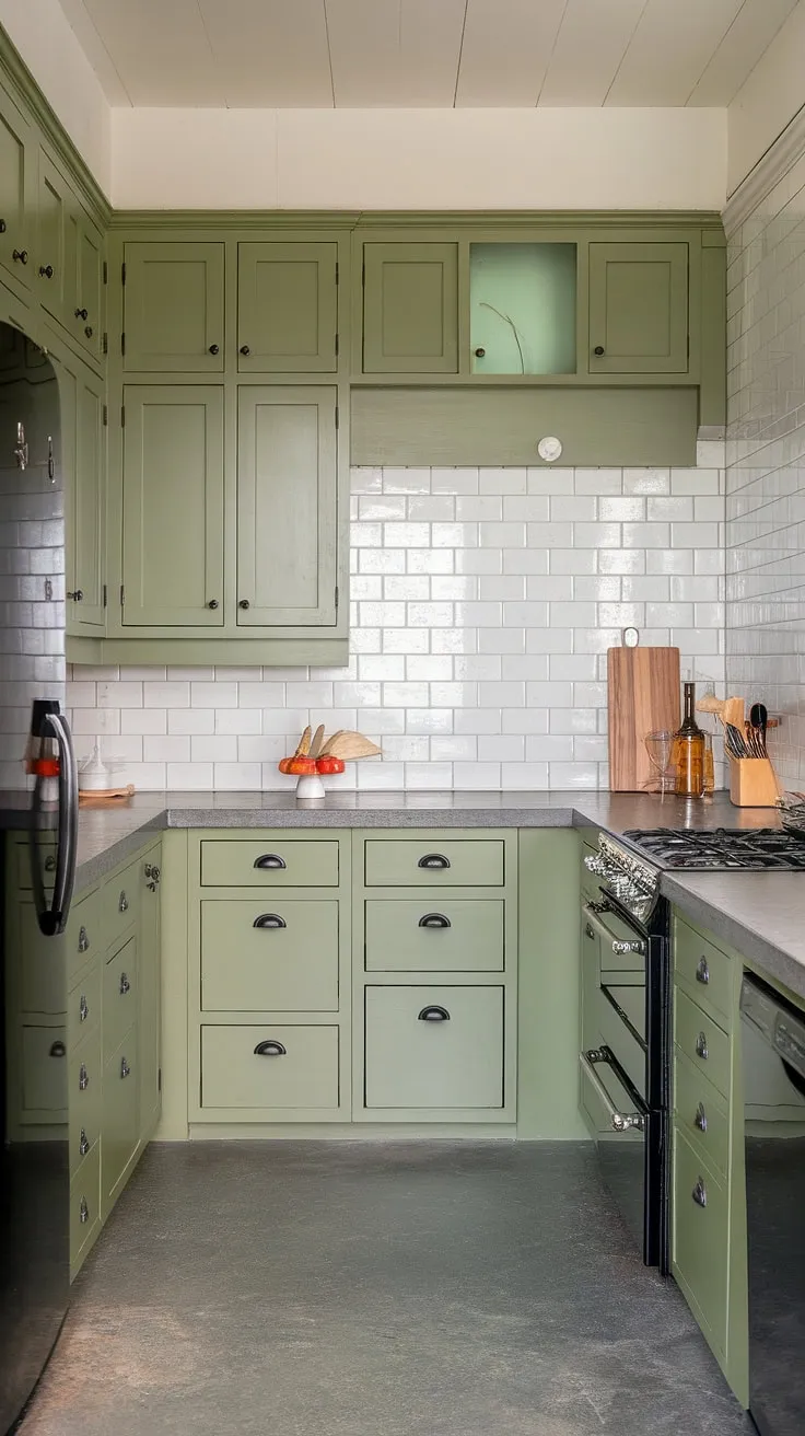 An L-shaped olive green kitchen showcases eucalyptus green cabinets with black hardware, complemented by a stone countertop and subway tile, creating a spacious and stylish atmosphere.