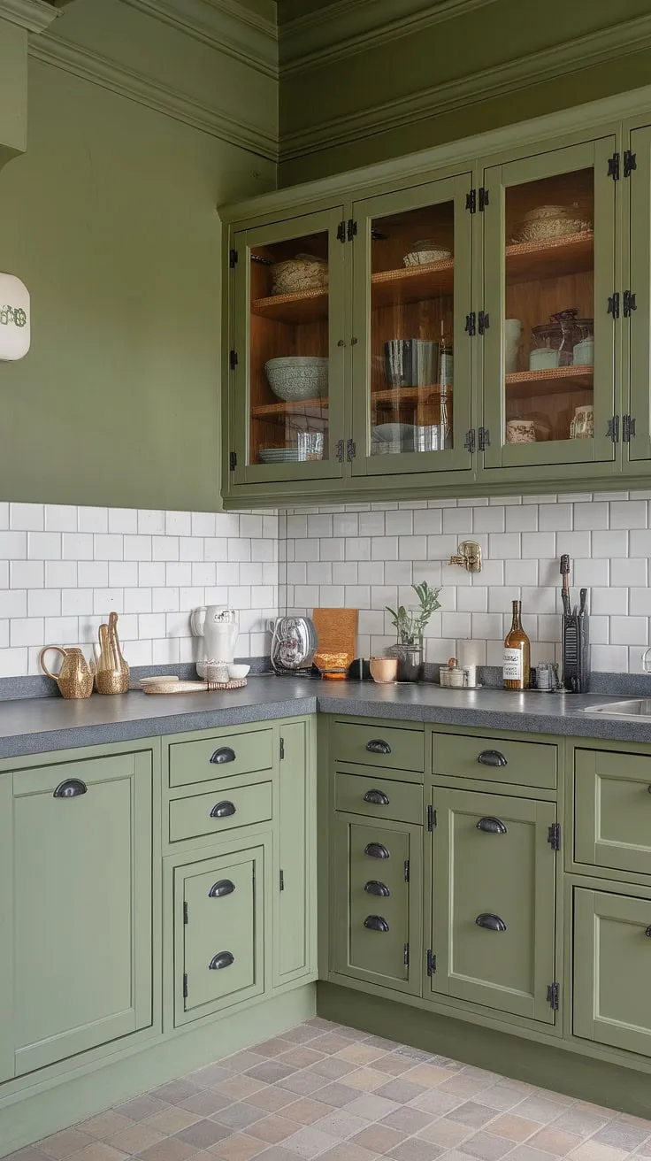 This olive green kitchen showcases elegant green cabinets with black hardware, complemented by a stone countertop and subway tile, all contributing to a spacious ambiance with harmonious green walls.