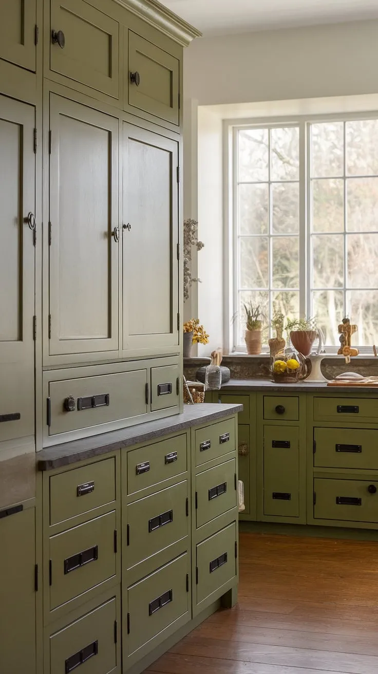 This spacious olive green kitchen features stylish green cabinets with black hardware, a stunning stone countertop, and green walls that enhance the natural light and views.
