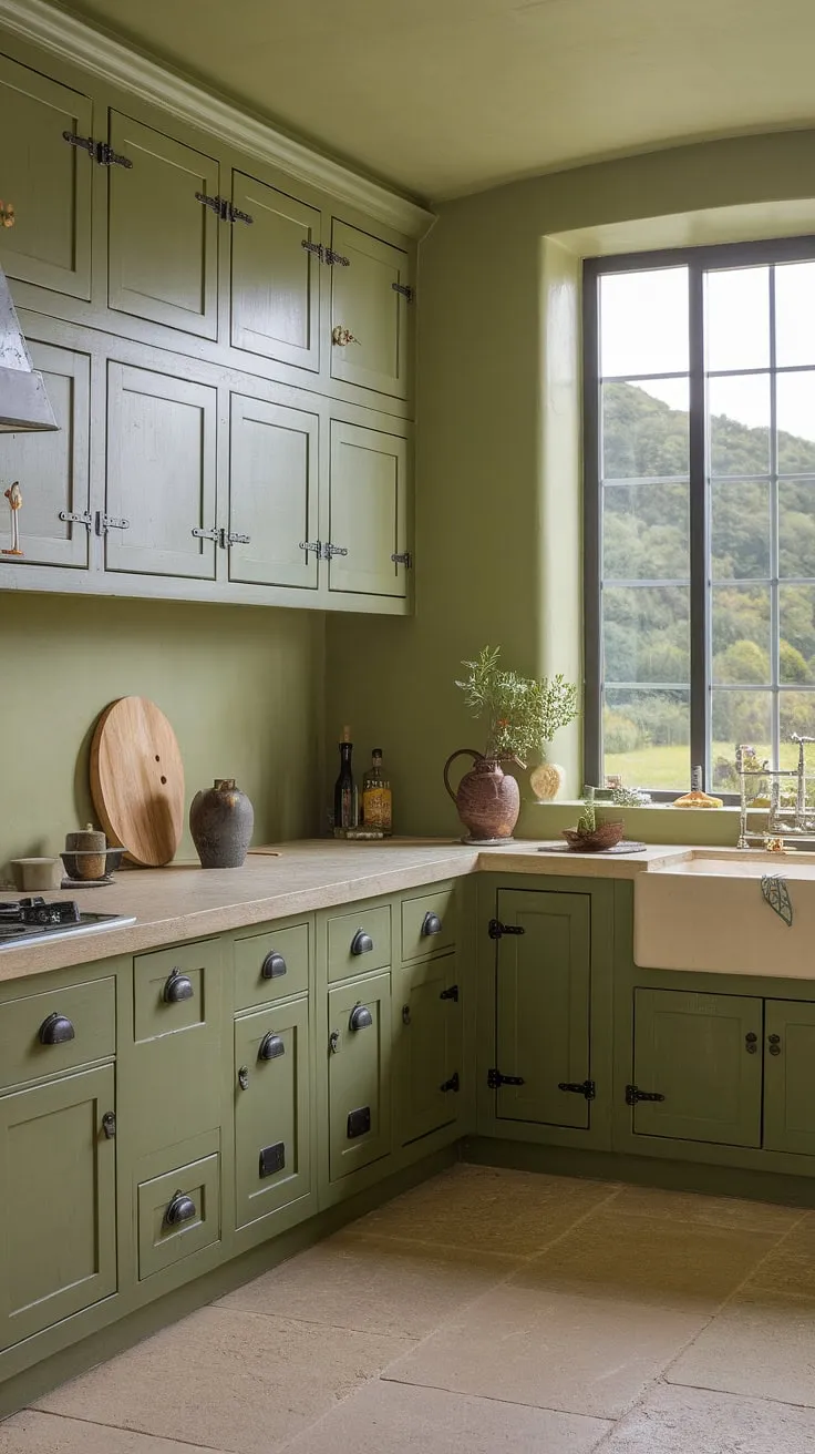This olive green kitchen showcases stylish green cabinets with black hardware, stone countertops, and green walls, all contributing to a spacious and inviting atmosphere.