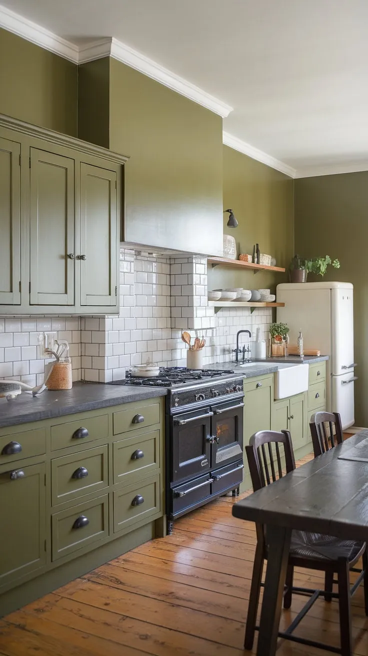 The L-shaped olive green kitchen showcases green cabinets with black hardware, complemented by a stone countertop and subway tile, creating a fresh and inviting atmosphere perfect for spacious living.