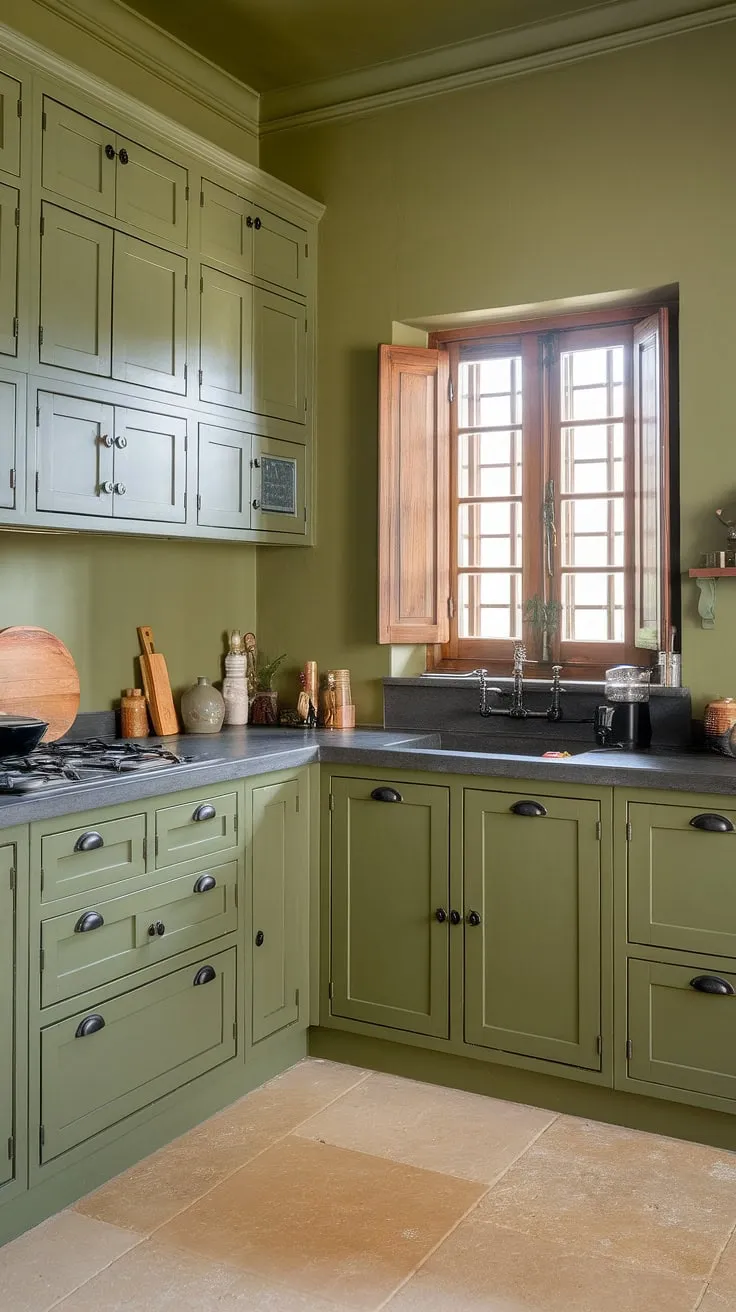 This stunning L-shaped olive green kitchen showcases green cabinets with black hardware, a stone countertop, and olive green walls, perfect for a spacious and stylish atmosphere.