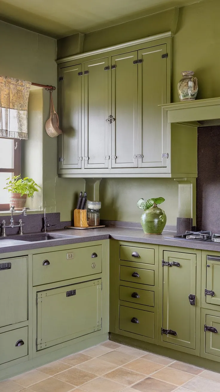 This L-shaped olive green kitchen features ceiling-high cabinets with black hardware, a stone countertop, and matching green walls, creating a spacious and stylish atmosphere.