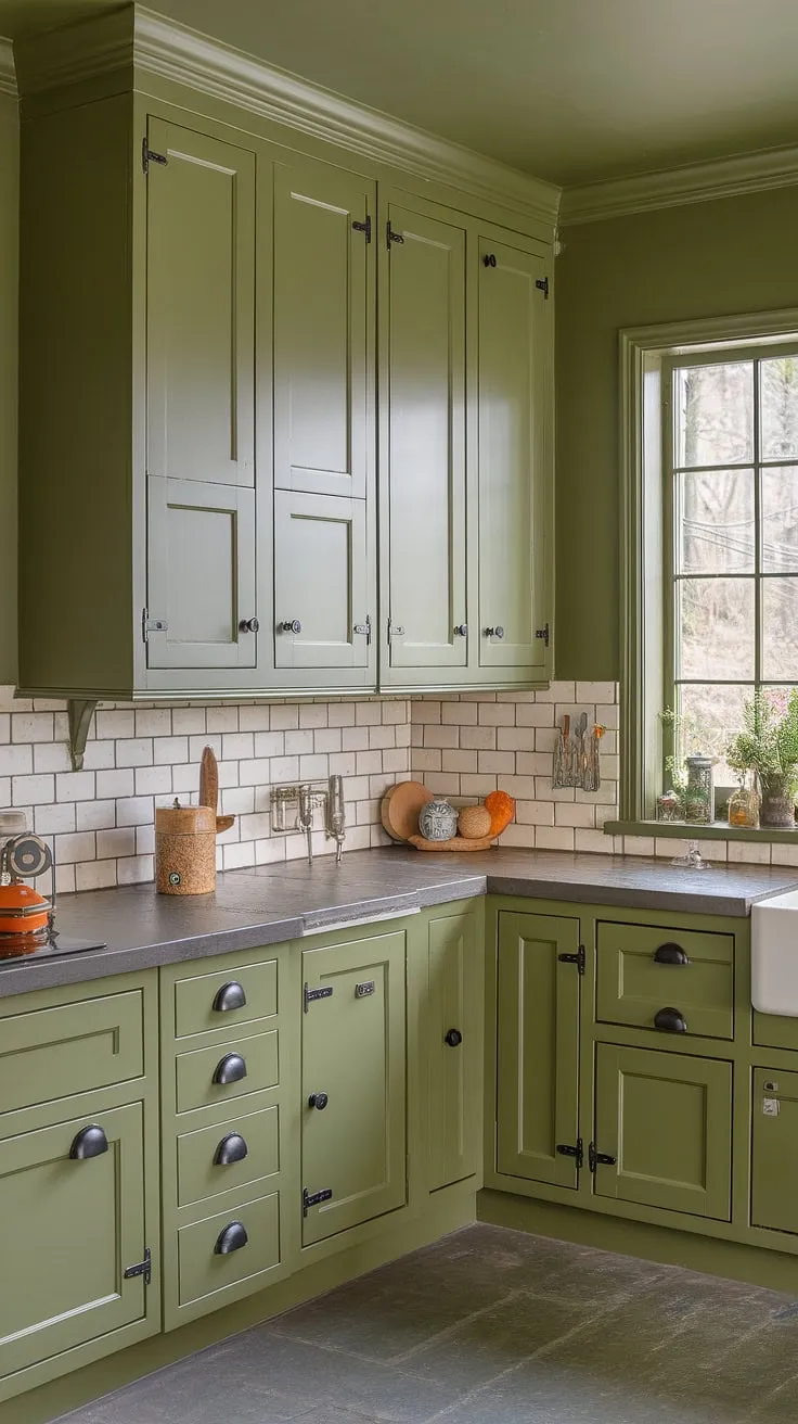 An L-shaped olive green kitchen features floor-to-ceiling green cabinets with black hardware, complemented by a stone countertop and subway tile backsplash against green walls for a spacious and inviting atmosphere.