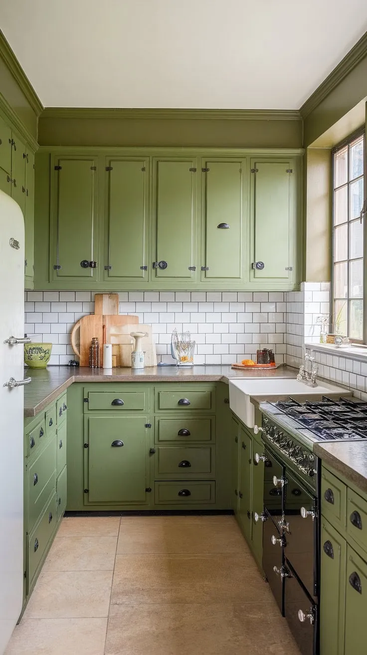 An L-shaped olive green kitchen features stylish green cabinets with black hardware, complemented by a stone countertop, subway tile backsplash, and green walls, creating a spacious and inviting atmosphere.