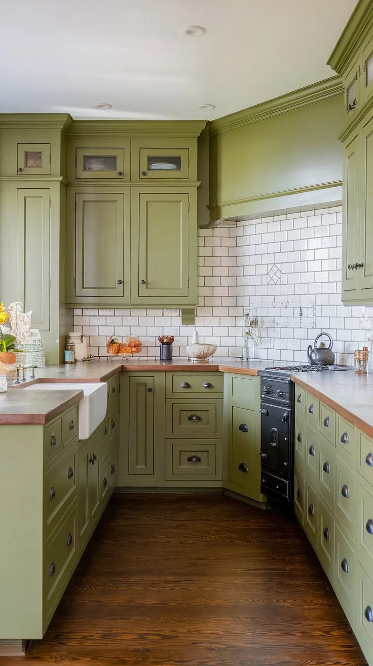 This L-shaped olive green kitchen features olive green cabinets with black hardware, a stone countertop, and a white subway tile backsplash, creating a spacious look with its green walls and dark wood flooring.