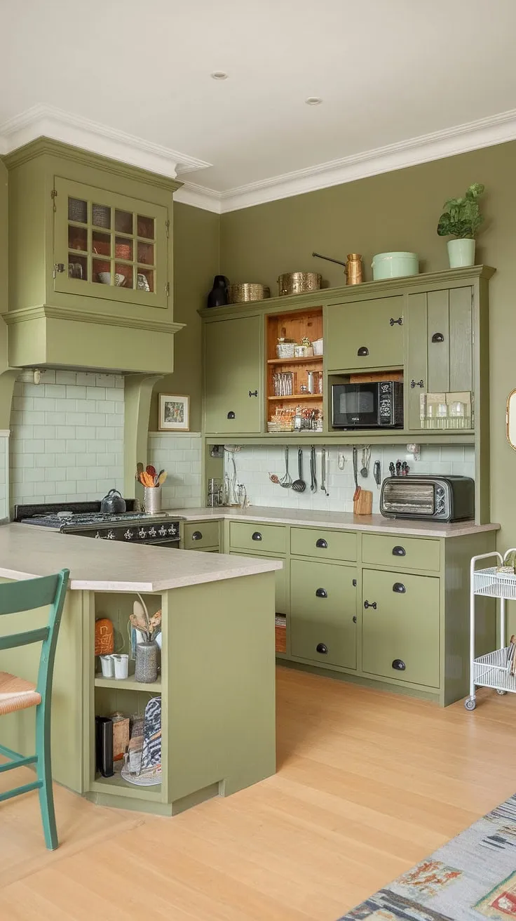 This spacious L-shaped olive green kitchen features olive green cabinets with black hardware, a light stone countertop, and a backsplash of green subway tile, creating a harmonious blend of colors for an inviting atmosphere.