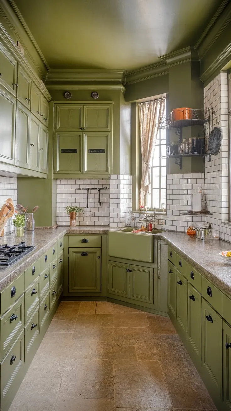 This olive green kitchen showcases green cabinets with black hardware and subway tiles, enhancing the spacious feel of the L-shaped design.