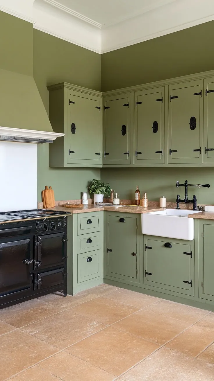 This olive green kitchen showcases green cabinets with black hardware, a stone countertop, and eucalyptus green walls, perfectly balancing style and spaciousness.