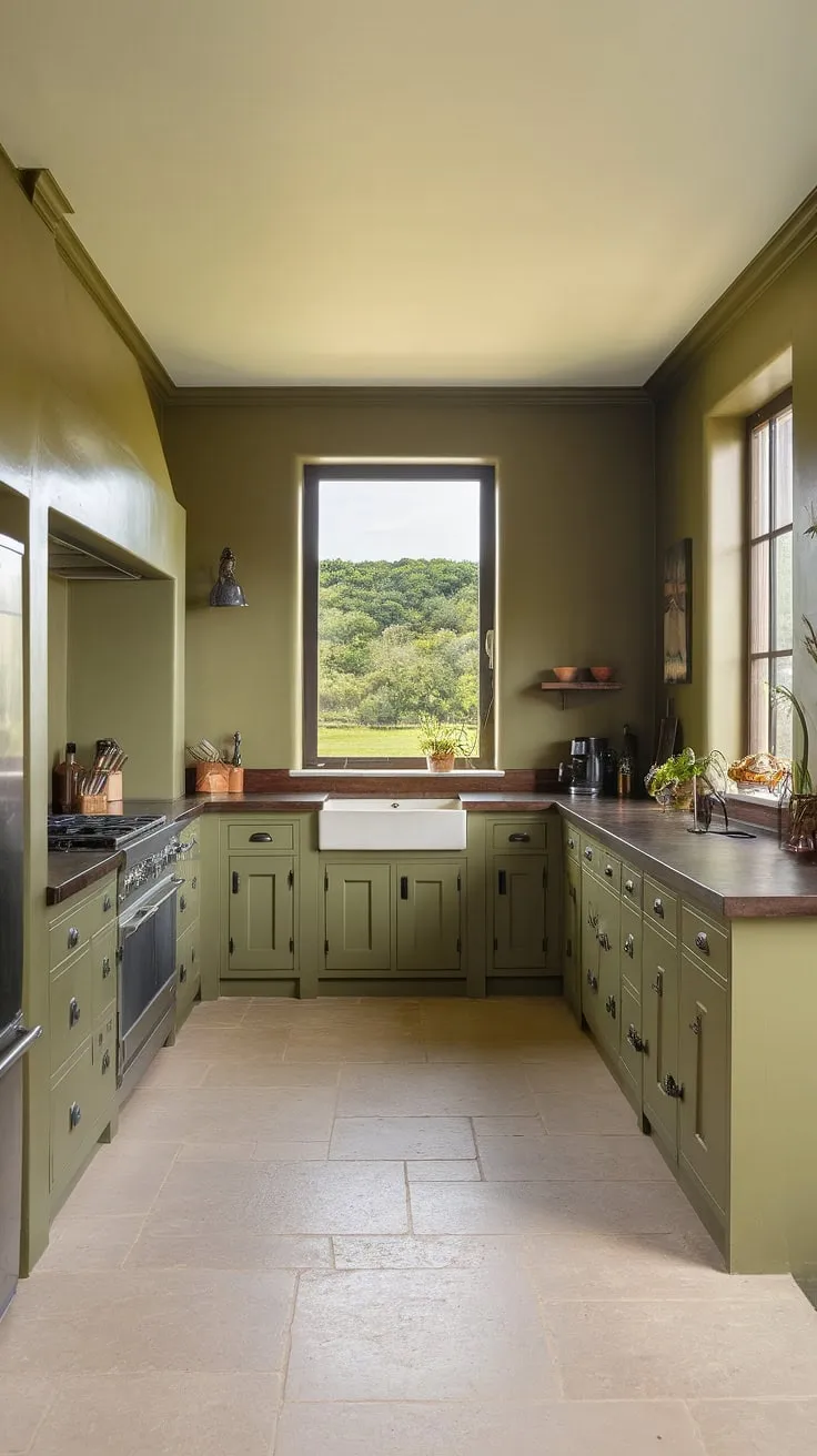 This spacious L-shaped olive green kitchen features olive green cabinets with black hardware, a stone countertop, and matching green walls, creating a harmonious and inviting atmosphere.