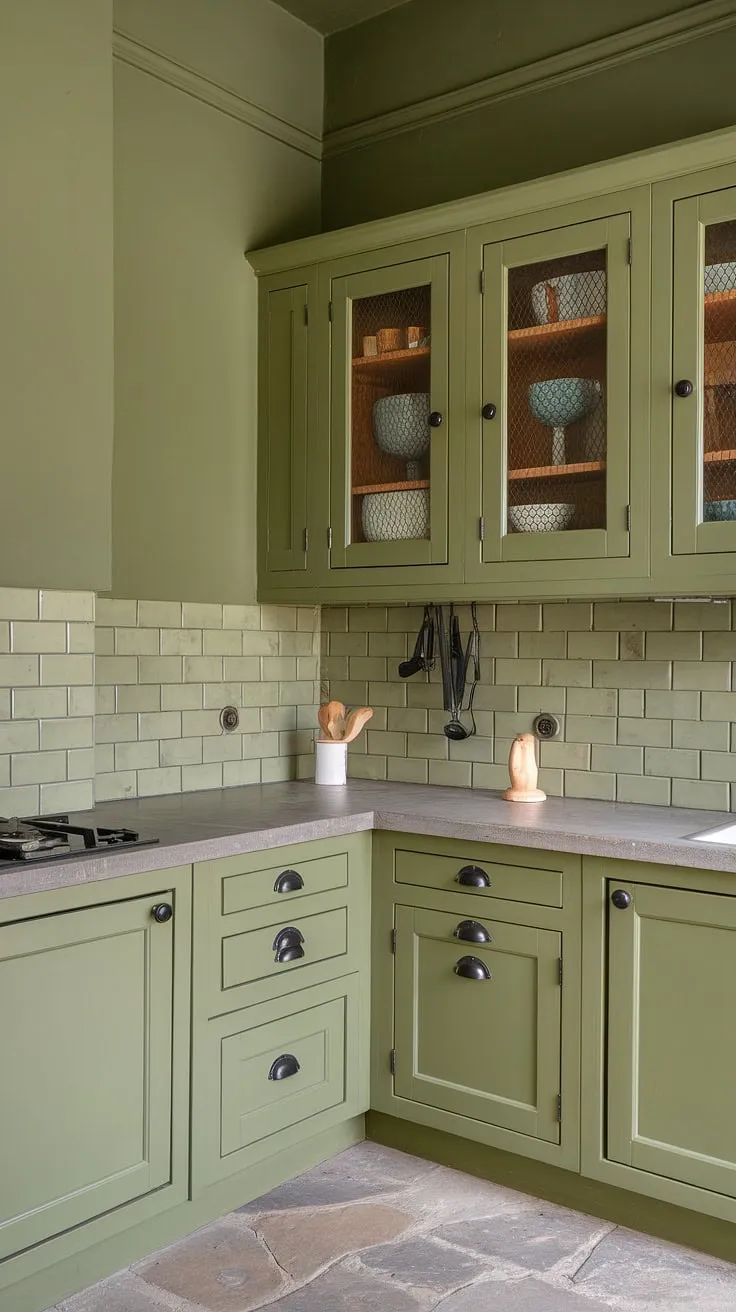 An L-shaped olive green kitchen features olive green cabinets with black hardware, subway tiles, and a stone countertop, creating a spacious and stylish atmosphere.
