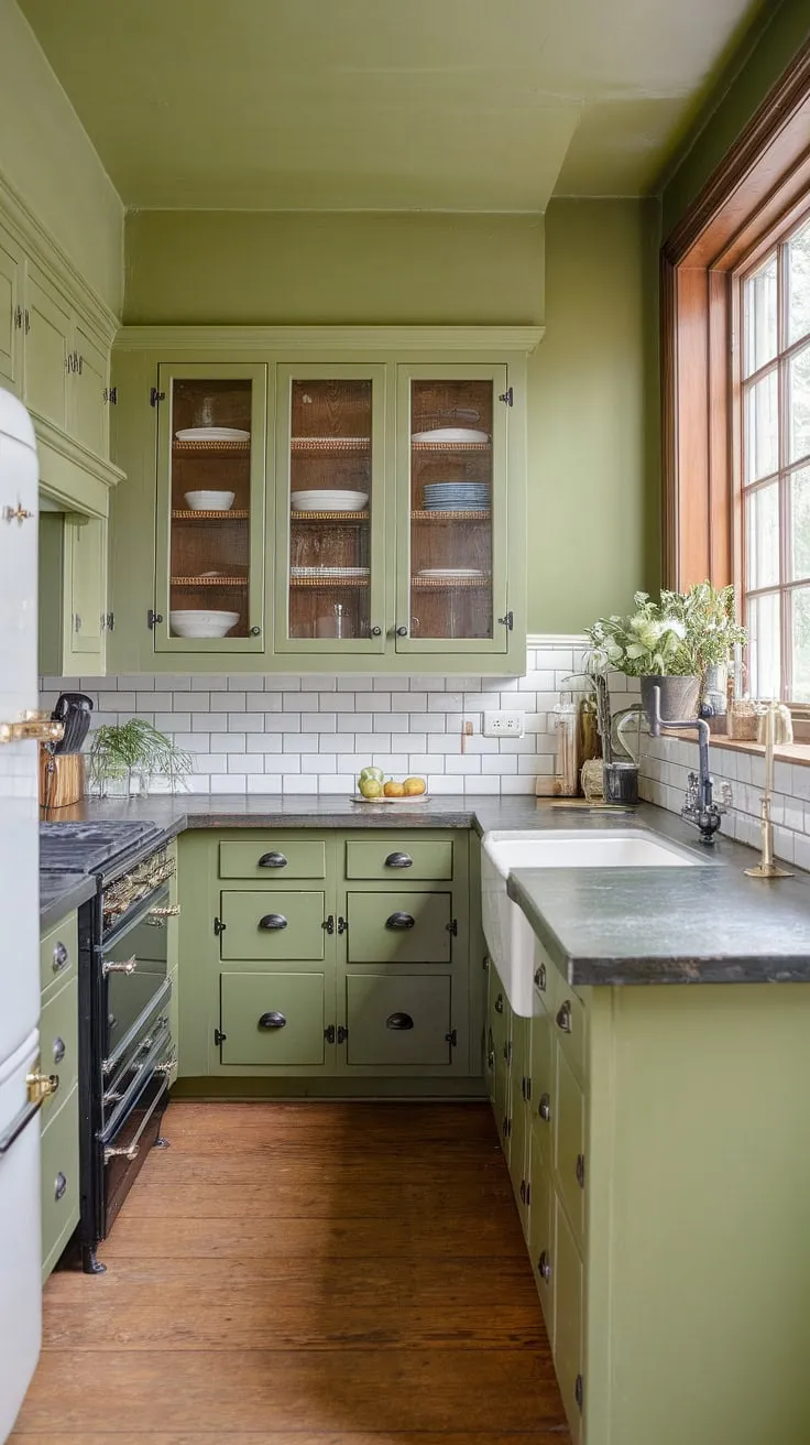 The combination of olive green cabinets, black hardware, and natural light in this L-shaped kitchen enhances its spacious feel, complemented by a stone countertop and subway tile backsplash.