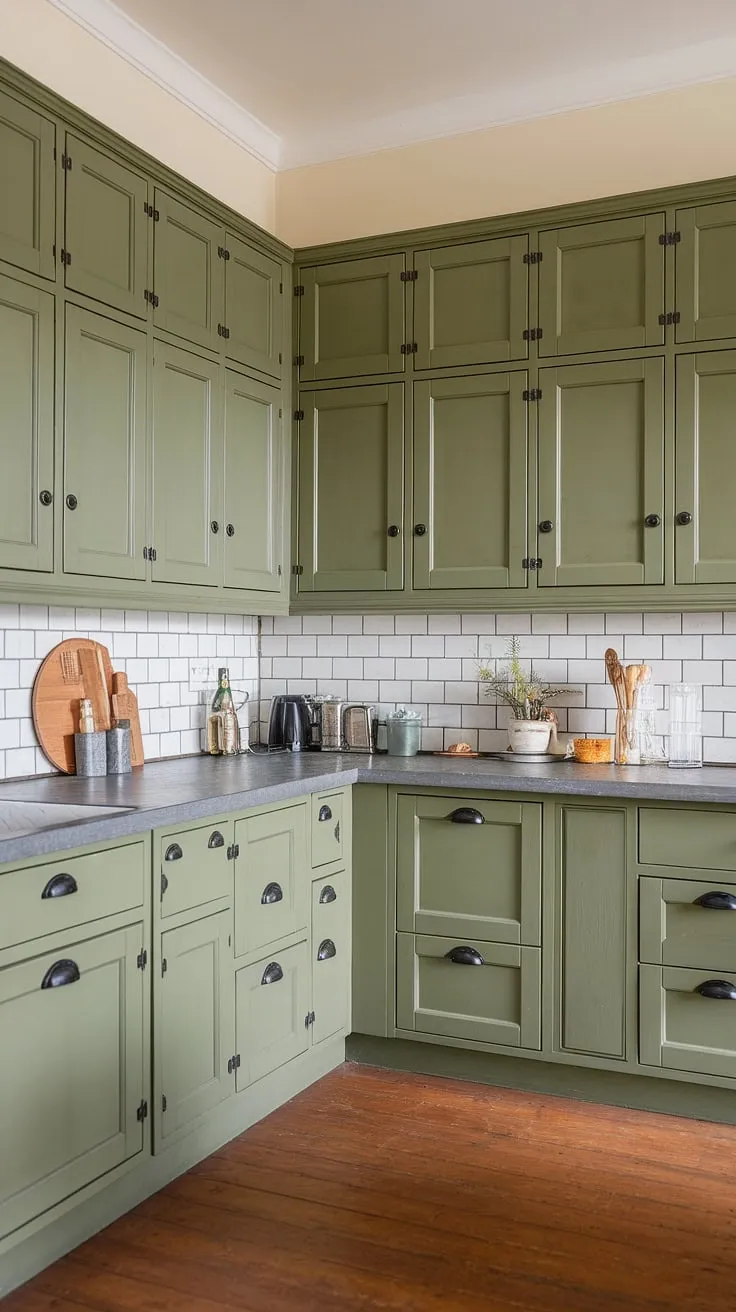 This spacious L-shaped olive green kitchen features glossy green cabinets with black hardware, a stunning stone countertop, and a stylish subway tile backsplash, creating a harmonious blend of colors for an inviting atmosphere.