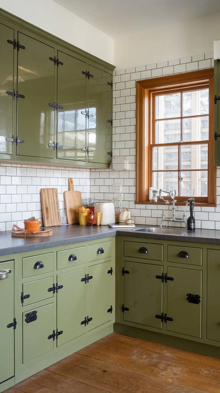 An L-shaped olive green kitchen features glossy green cabinets with black hardware, a stone countertop, and a stylish subway tile backsplash, creating a spacious and inviting atmosphere.