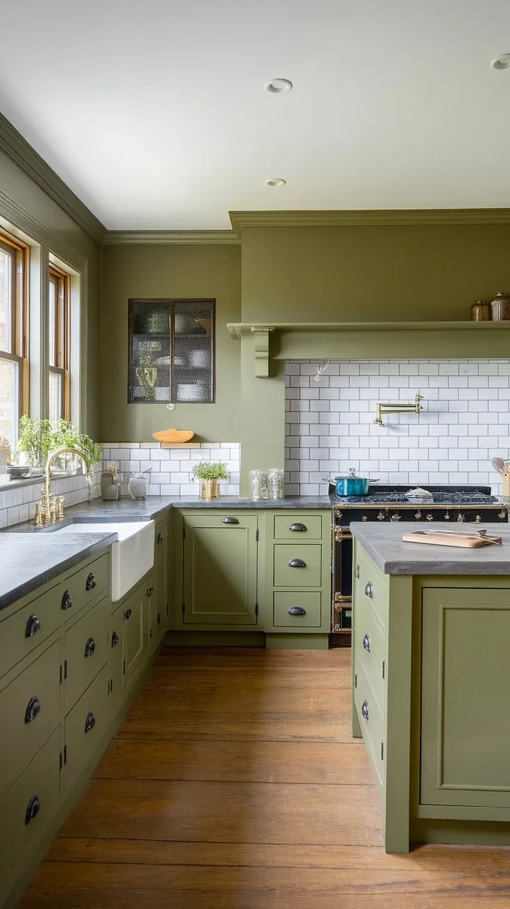 This L-shaped olive green kitchen features olive green cabinets with black hardware, a stone countertop, and a white subway tile backsplash, creating a spacious and inviting atmosphere.
