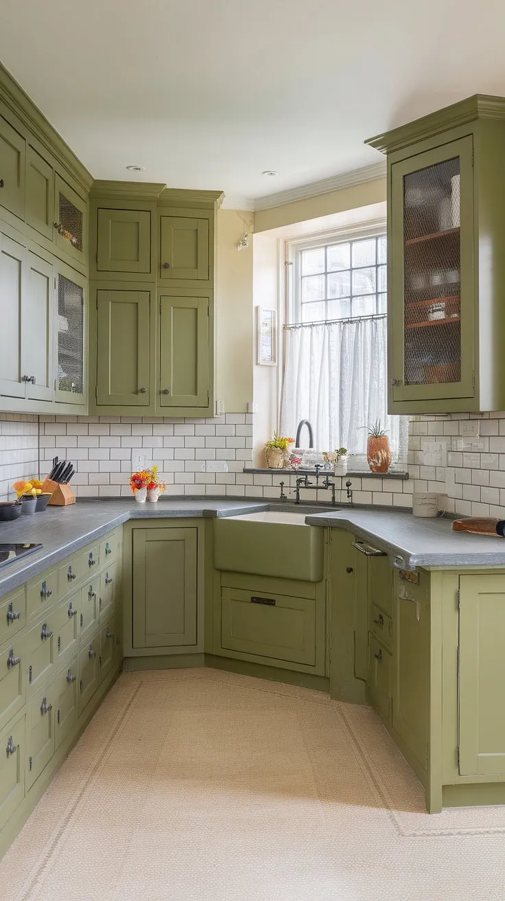 The bright and airy L-shaped olive green kitchen showcases green cabinets with black hardware and a stone countertop, complemented by a chic subway tile backsplash for a modern touch.