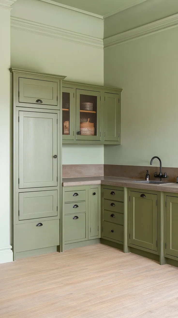 This olive green kitchen showcases green cabinets with black hardware, a stone countertop, and light eucalyptus green walls, enhancing the spacious feel of the L-shaped design.