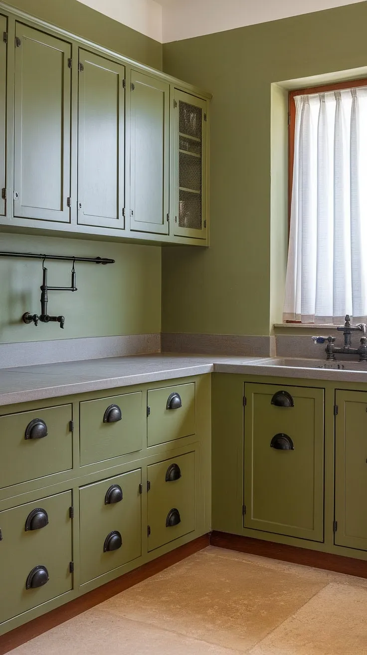 The olive green cabinets and black hardware create a chic contrast in this L-shaped kitchen, enhanced by a stone countertop and green walls that promote a spacious feel.
