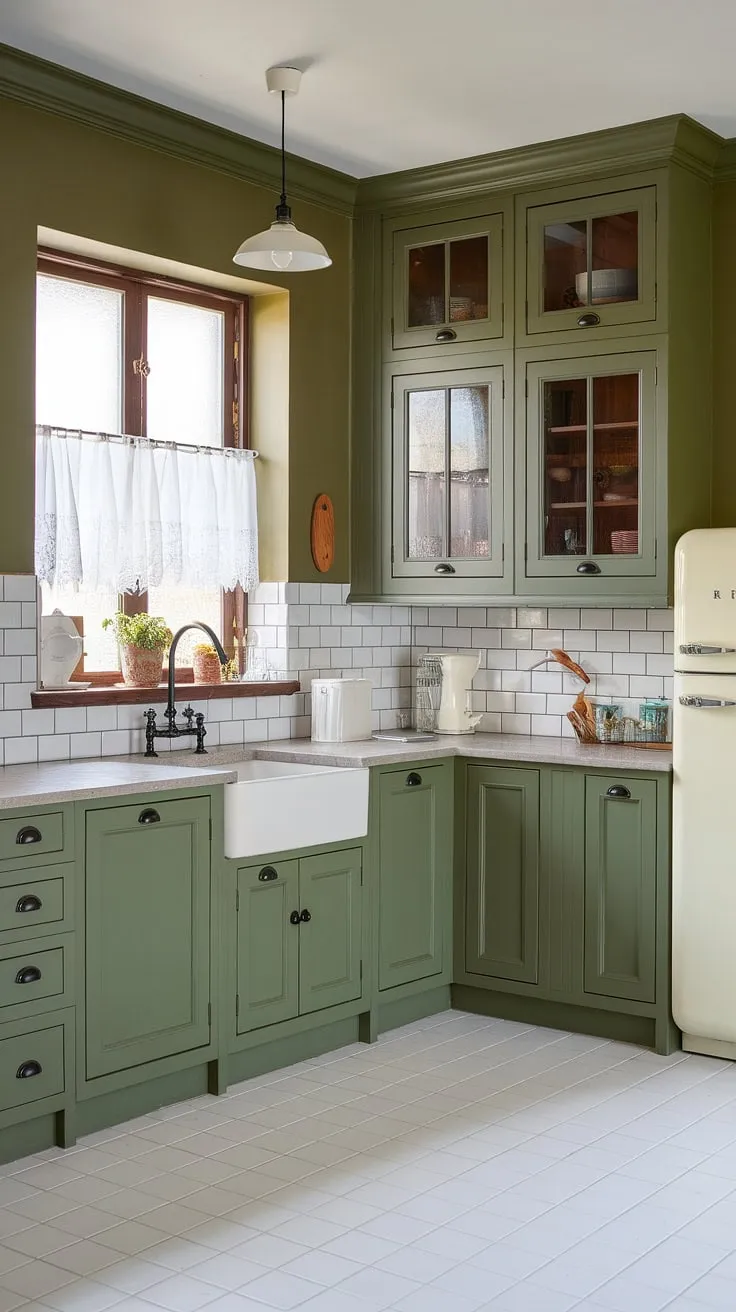 This spacious olive green kitchen features l-shaped eucalyptus green cabinets with black hardware, complemented by white subway tile backsplashes and light gray stone countertops for a fresh and inviting look.