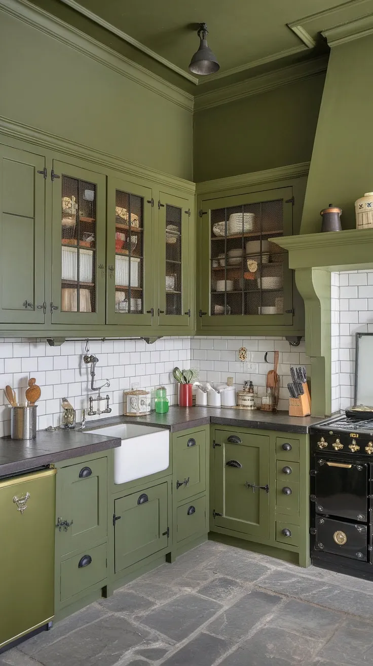 This spacious l-shaped olive green kitchen features dark green cabinets with black hardware, a subway tile backsplash, and a stone countertop, creating a cozy rustic atmosphere.