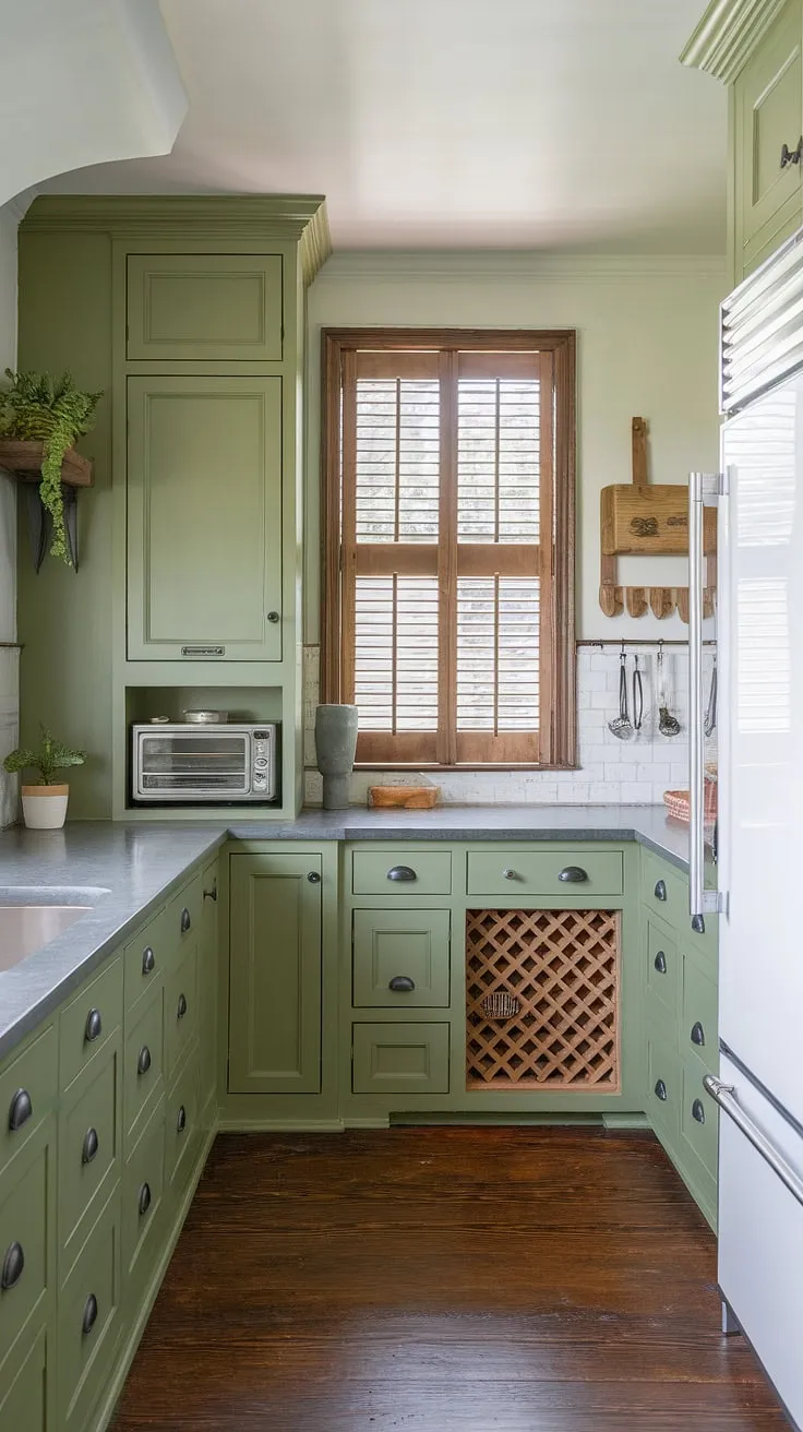 The olive green cabinets, paired with black hardware and a stone countertop, create a stylish L-shaped kitchen that feels open and inviting.