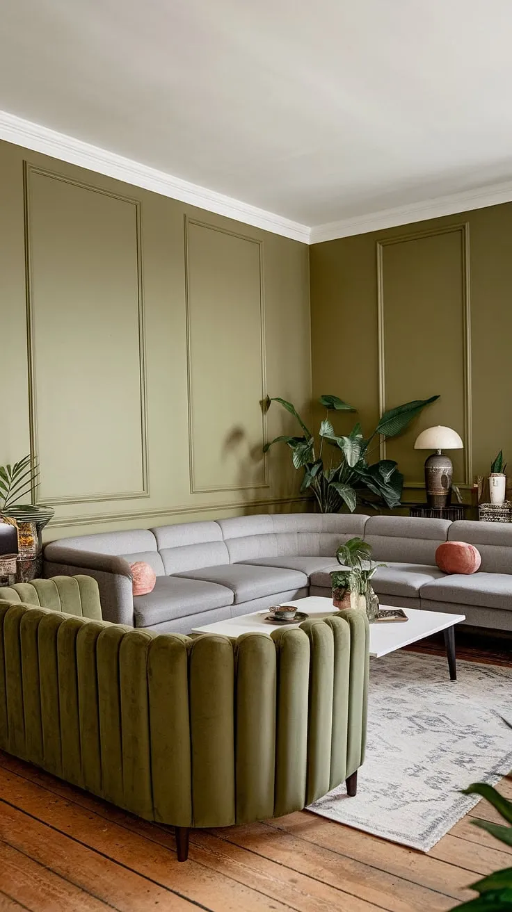 The inviting space showcases olive green walls, a gray sectional, and a luxurious green velvet sofa, creating a harmonious green couch aesthetic with wooden floors and decorative accents.