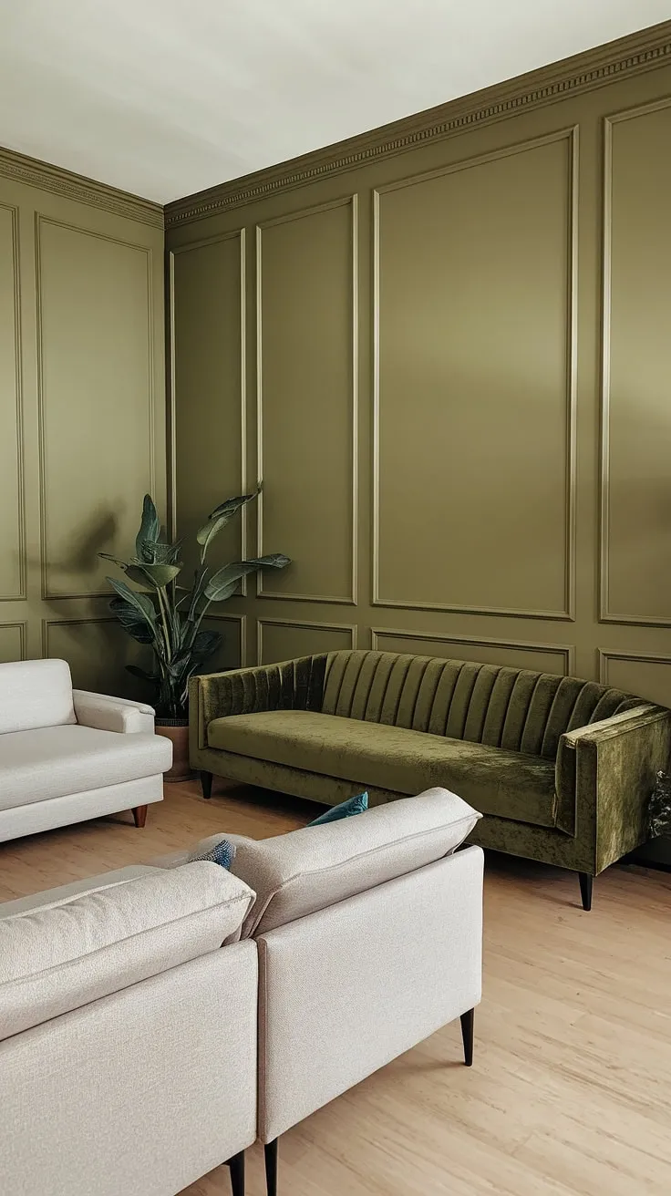 An olive green living room featuring a stylish green velvet sofa and a gray sectional creates a chic and inviting space enhanced by decorative accents and light wood flooring.
