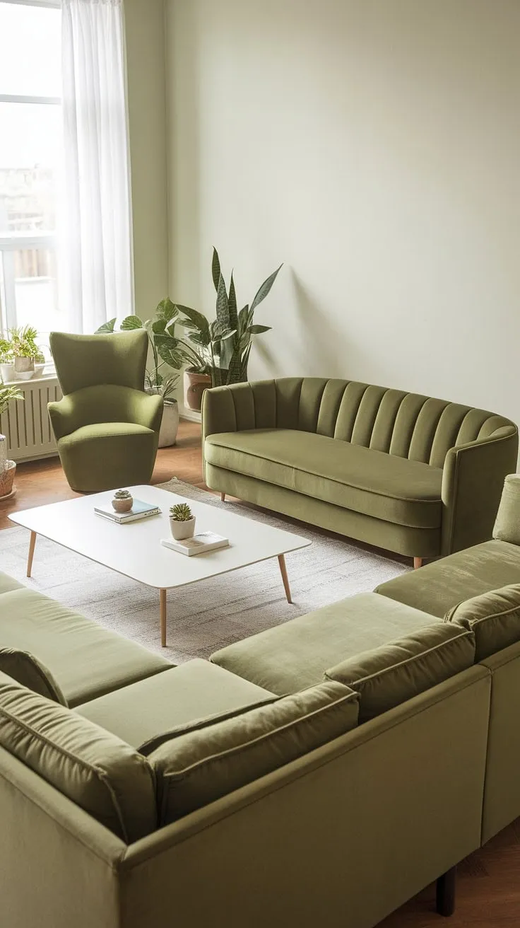 An olive green living room featuring a green velvet sofa, a gray sectional, and a white coffee table creates a stylish and inviting space enhanced by potted plants and a green accent chair.