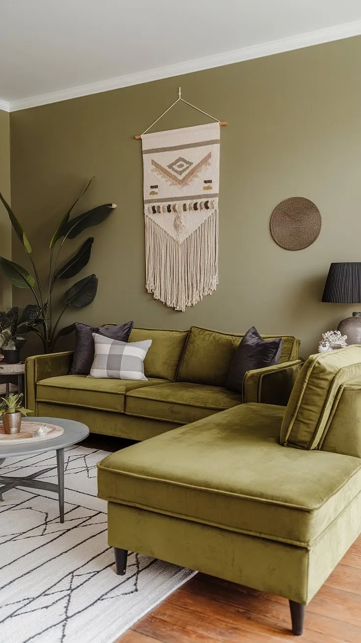 An olive green living room features a stylish green velvet sofa paired with a gray sectional, accented by decorative items and wooden flooring.