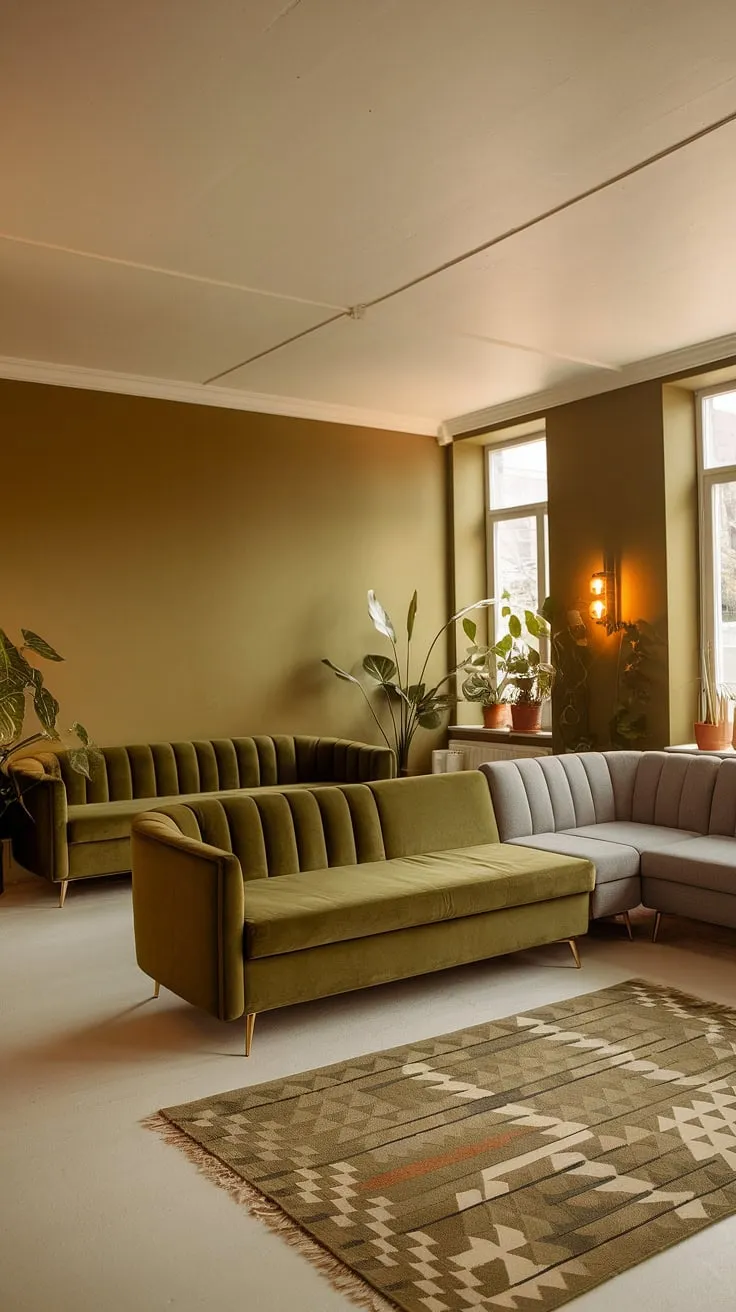 An olive green living room features a stylish green velvet sofa paired with a gray sectional and a cozy green couch, all enhanced by warm lighting and potted plants.