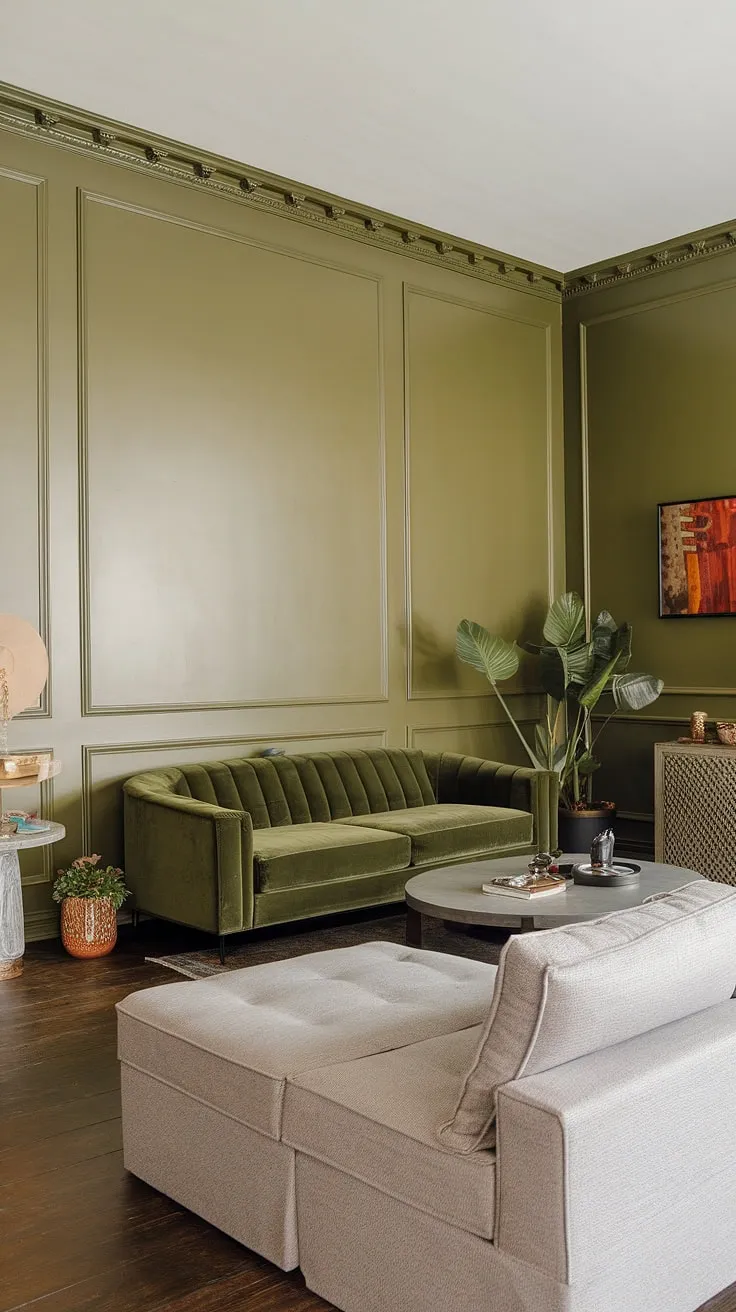 This green living room design showcases a chic green couch and a gray sectional, enhanced by olive green walls and elegant decor.