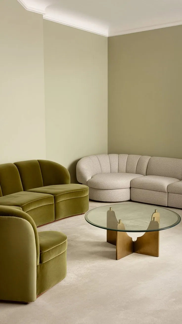 An olive green living room features a stylish green velvet sofa alongside a gray sectional, complemented by a chic round glass-top coffee table and light beige walls.