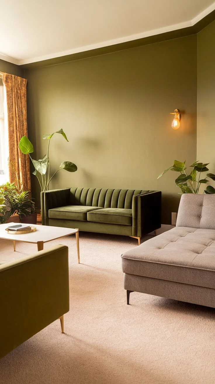 This olive green living room features a stylish green velvet sofa, a gray sectional, and a cozy green couch, all harmonizing with warm lighting and lush plants.