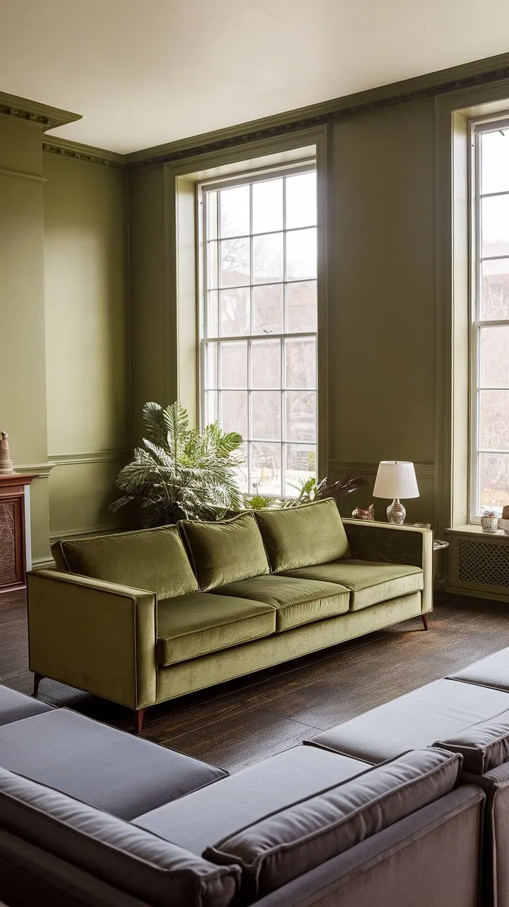 An olive green living room featuring a green velvet sofa and a gray sectional creates a cozy, vintage-inspired design illuminated by natural light.