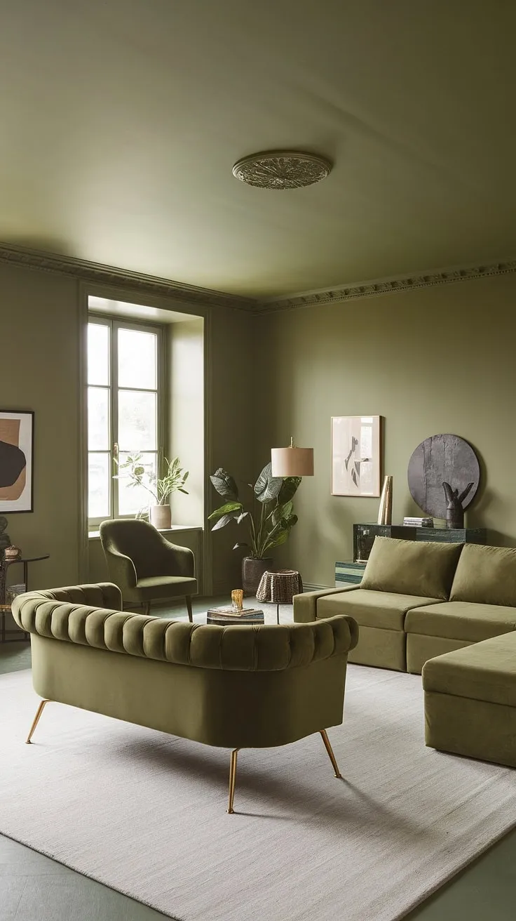 This olive green living room features a stunning green velvet sofa paired with a gray sectional, creating a chic green living room design enhanced by soft lighting and stylish accessories.
