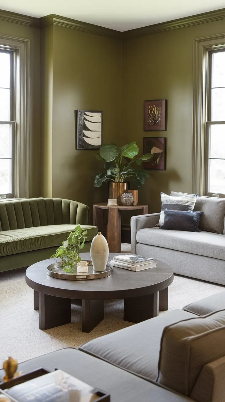 This olive green living room features a stylish green velvet sofa paired with a gray sectional, accented by a round wooden coffee table and decorative items that enhance its green living room design.